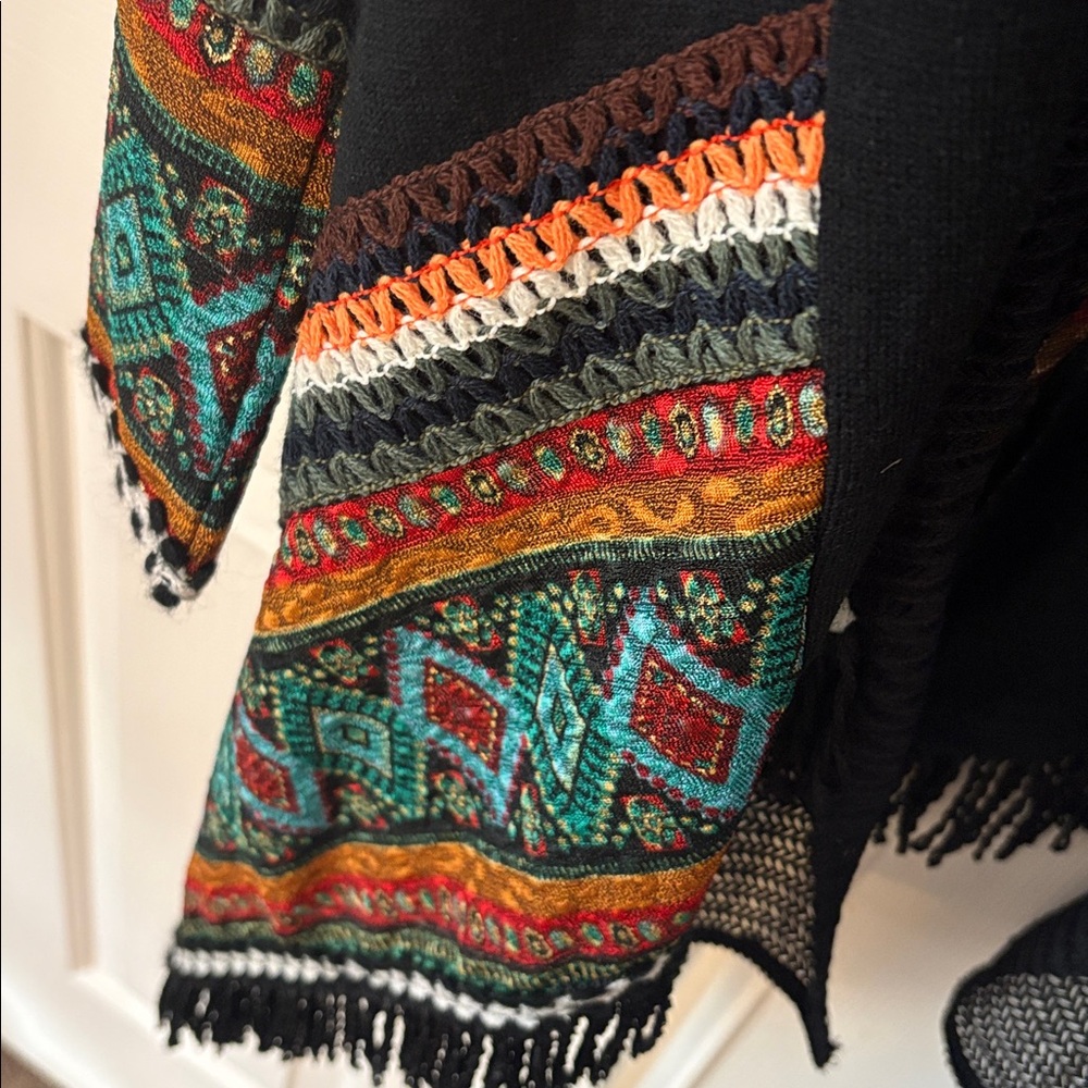 NWT ADORE Brand Bohemian Black Open Front Cardigan with Gorgeous Colorful Trim - Picture 9 of 17